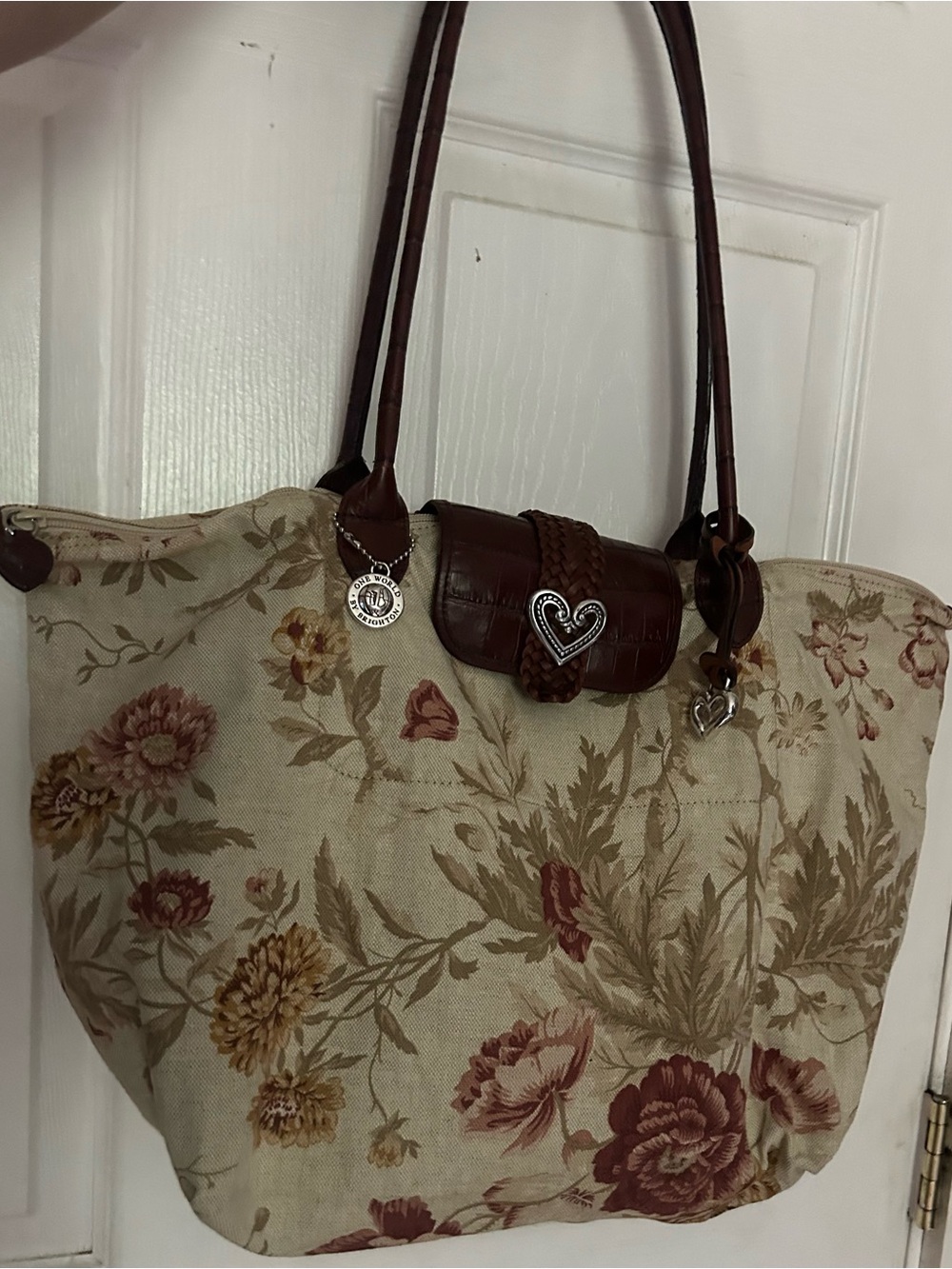 Brighton Floral Canvas Tote Bag with Brown Leather Trim